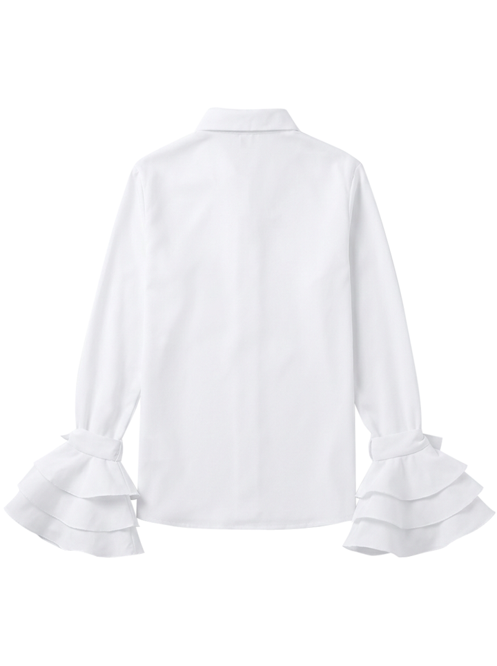 Sophisticated women's tiered ruffle blouse. Elegant button-up top with chic flare sleeves, ideal for autumn.