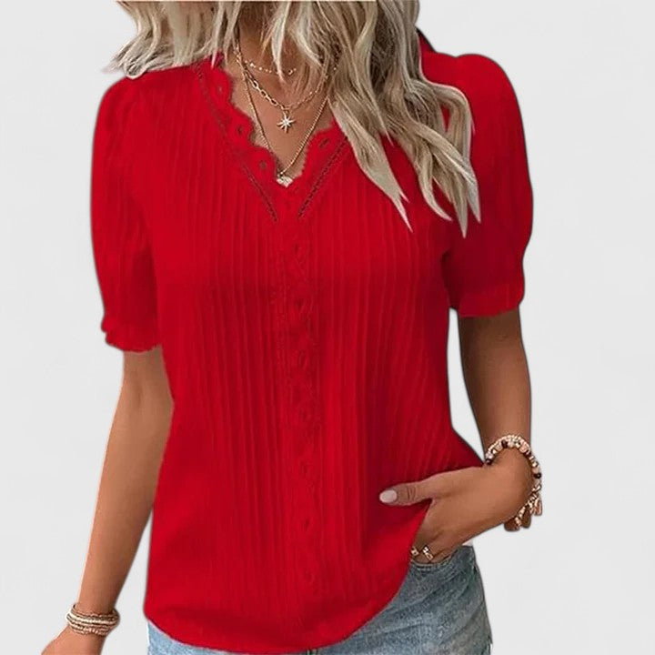 Versatile women's V-neck blouse with hollow sleeves. Elegant and chic for summer everyday style.