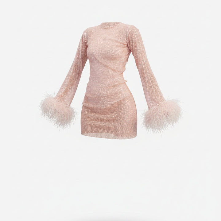 Women's glamorous sequin mini dress with elegant feather cuffs & long sleeves, perfect for parties & special occasions.