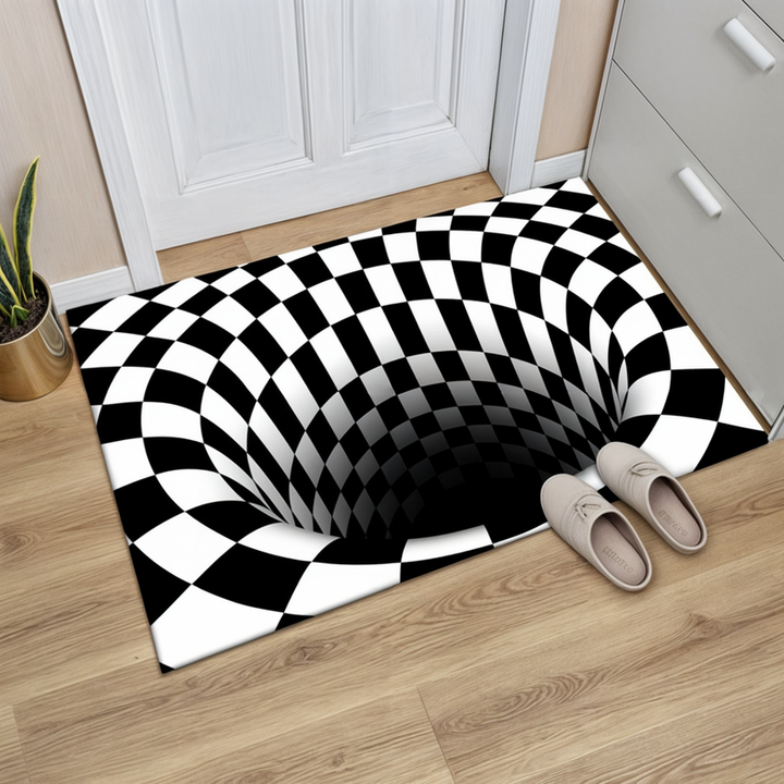 3D optical illusion door mat with geometric checkerboard pattern for modern hallway entrance. Non-slip home decor.