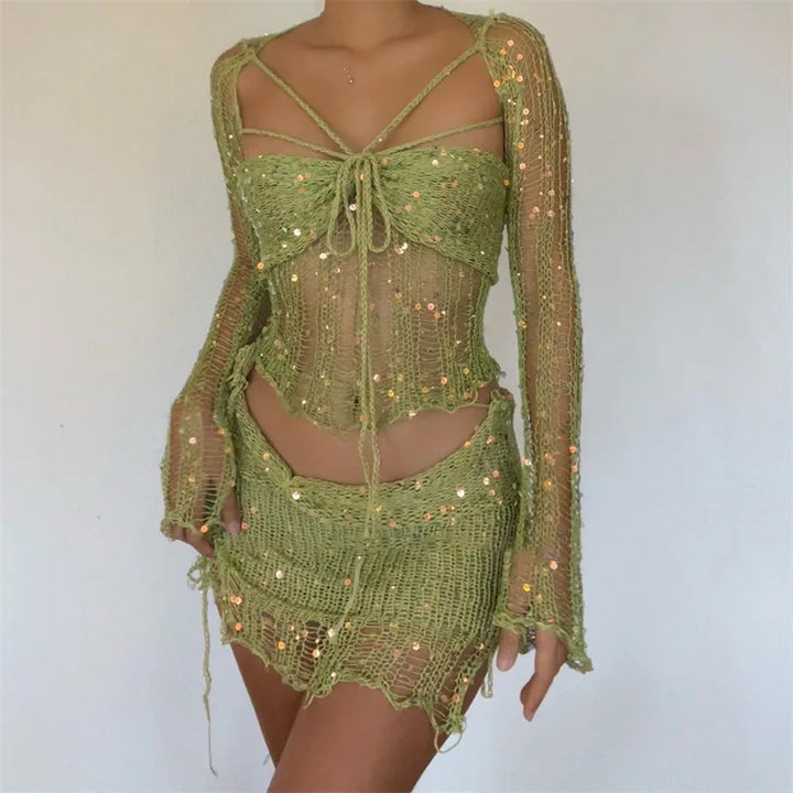Sparkling mini length sequin skirt, completing the trendy women's rock set for a glamorous night out.