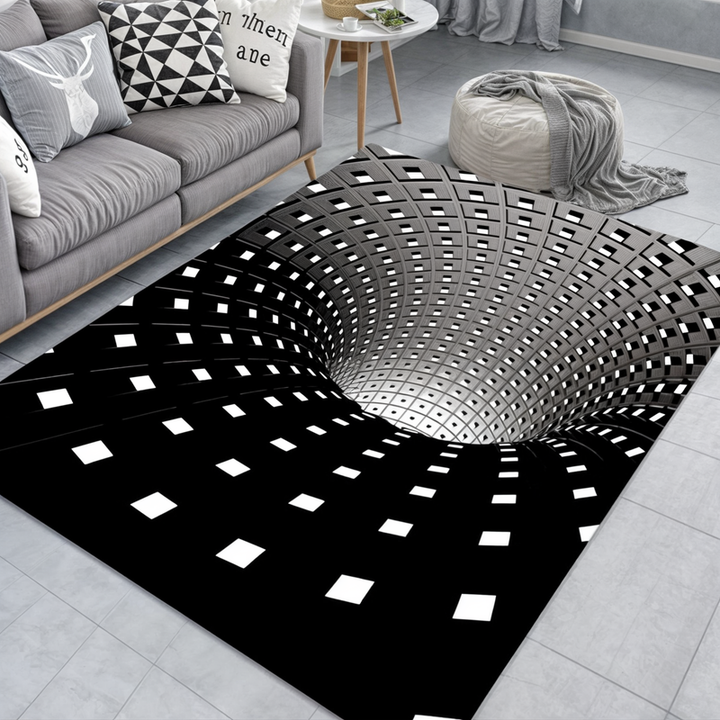 Hallway entrance door mat with enchanting 3D optical illusion and checkerboard design. Non-slip and easy to clean.