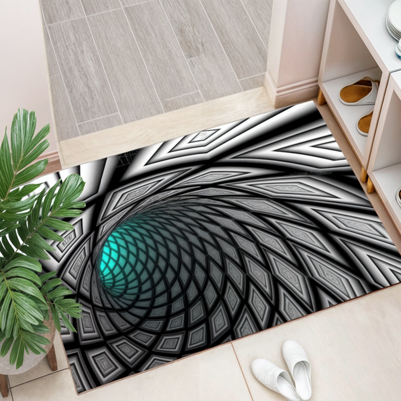 Captivating 3D optical illusion door mat with a striking geometric checkerboard pattern for a modern hallway.