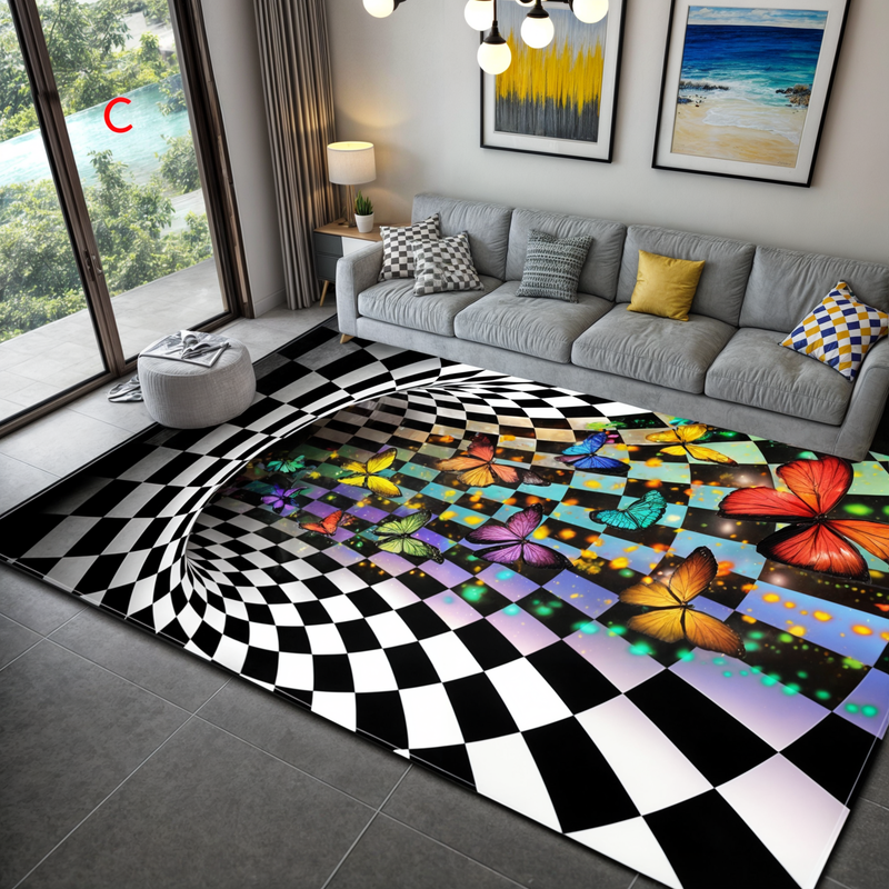 Modern home decor 3D illusion door mat, geometric checkerboard pattern. Non-slip entrance mat, easy to clean.