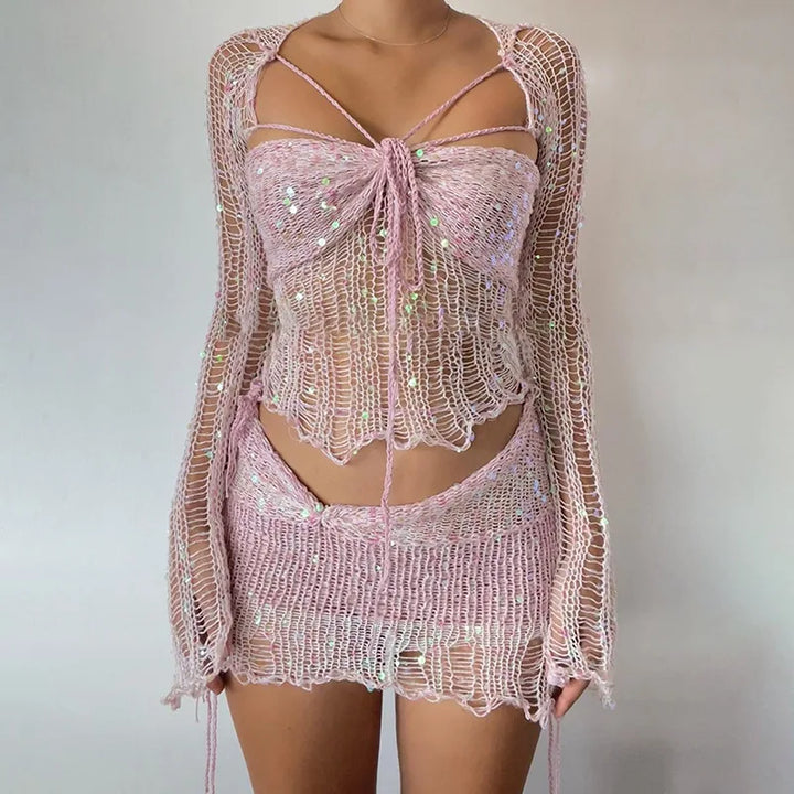 Dazzling sequin long sleeve top, part of a glamorous women's rock set ideal for party & evening wear.