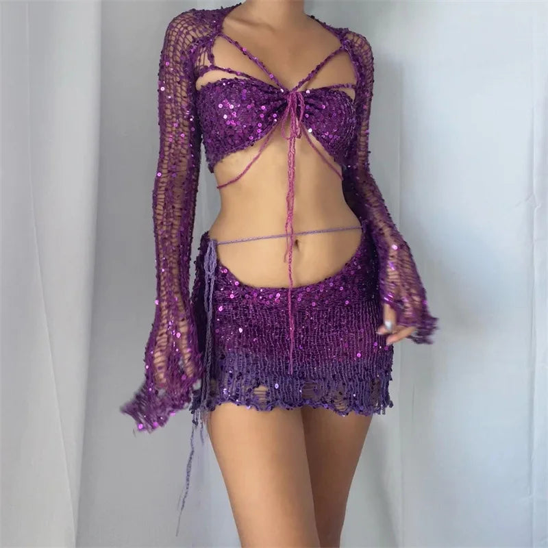 Close-up of dazzling sequins on the women's rock set, perfect for a shimmering, glamorous party wear look.