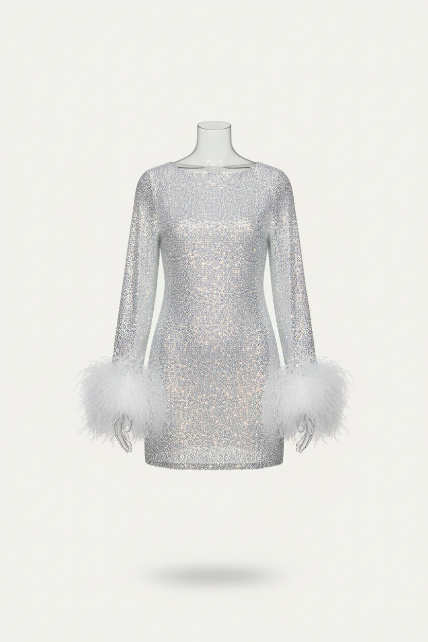 Black sequin mini dress for women, featuring long sleeves & chic feather cuffs. Ideal for evening wear & cocktails.