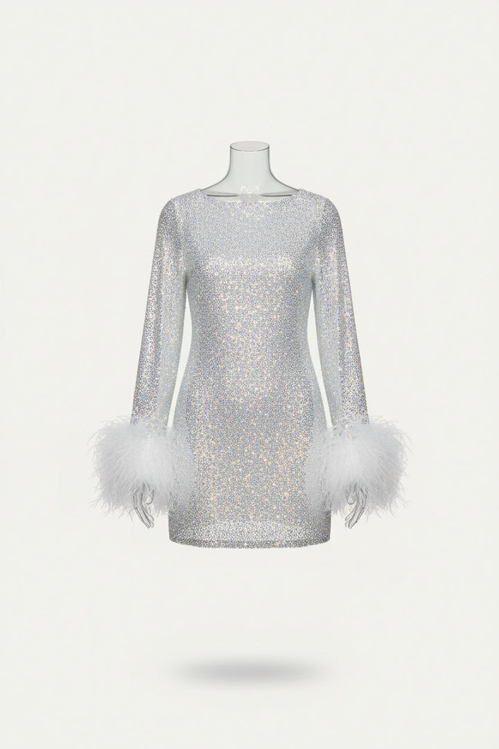 Black sequin mini dress for women, featuring long sleeves & chic feather cuffs. Ideal for evening wear & cocktails.