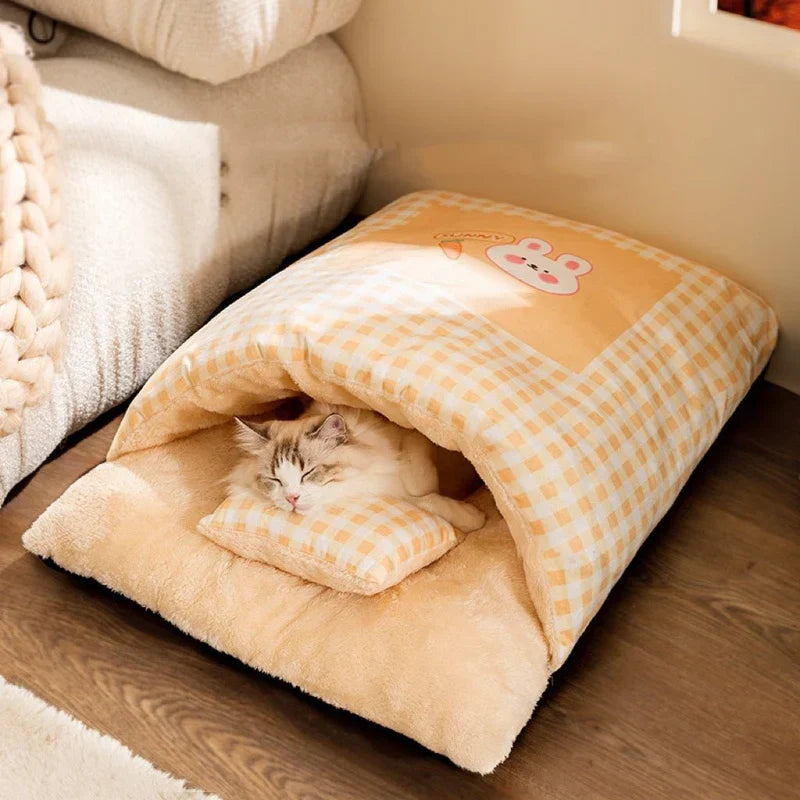 Ultra-cozy cat snuggle bed. Plush sleeping bag provides ultimate feline comfort and warmth.