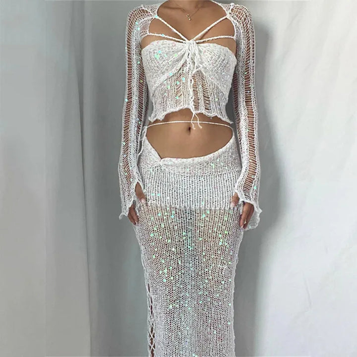 Full view of the dazzling sequin rock set, a glamorous women's two-piece outfit with sparkling long sleeves.
