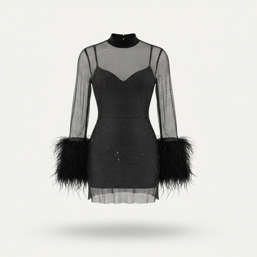 Pink sequin mini dress for women with long sleeves & luxurious feather cuffs, a glamorous party and special occasion dress.
