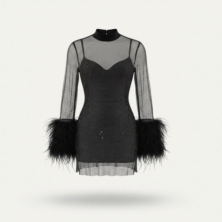 Pink sequin mini dress for women with long sleeves & luxurious feather cuffs, a glamorous party and special occasion dress.