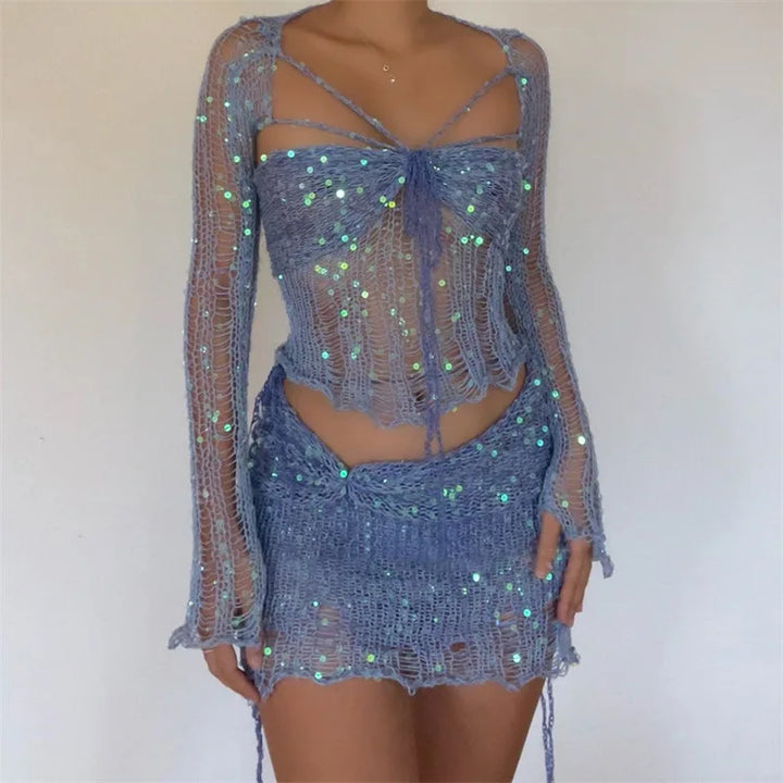 Mini length skirt of the women's dazzling sequin rock set, a trendy & glamorous party wear piece for nights out.
