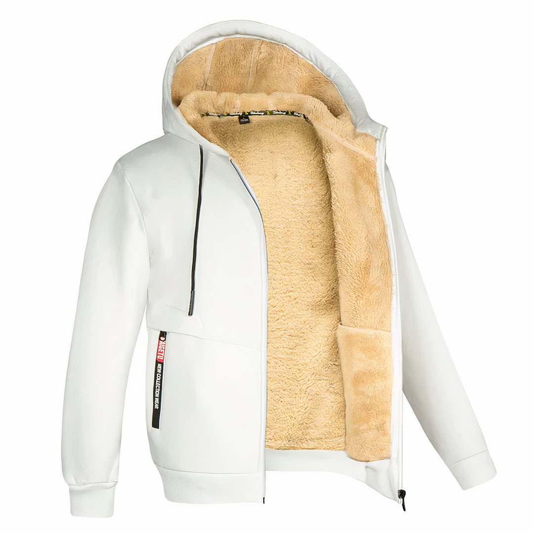 Warm men's zip-up hooded jacket, essential outerwear for chilly winter days.