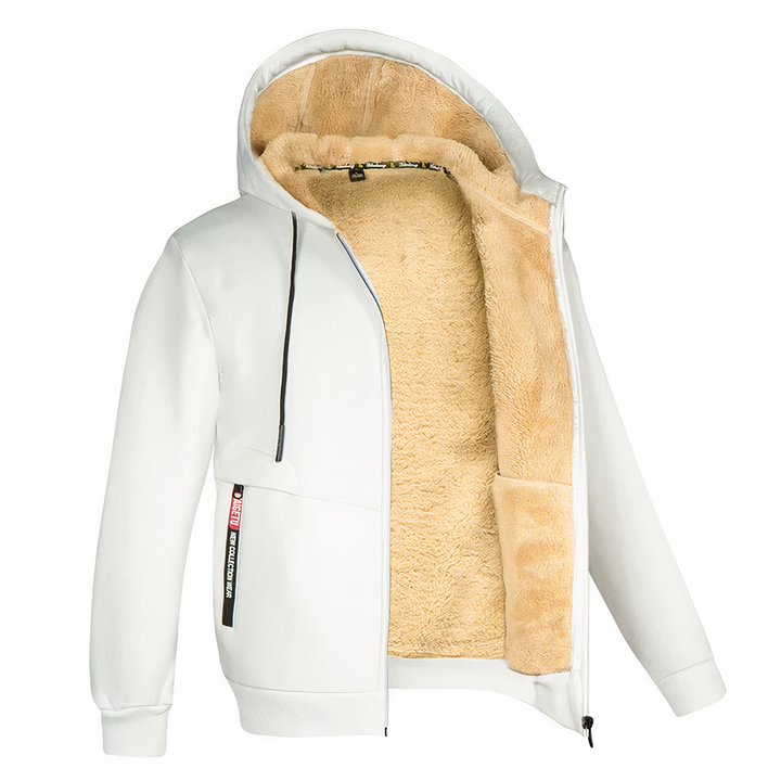Warm men's zip-up hooded jacket, essential outerwear for chilly winter days.
