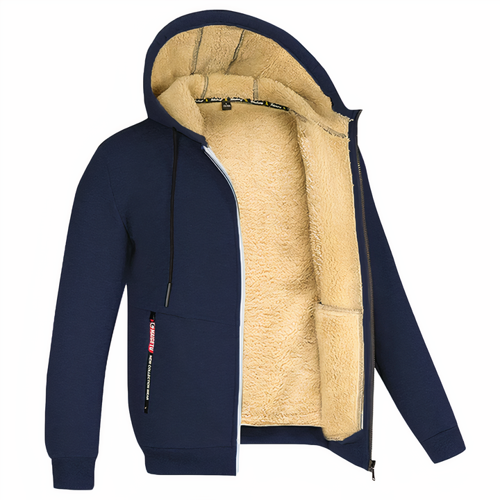 Durable men's hooded winter jacket, full zip, great for outdoor adventures and warmth.