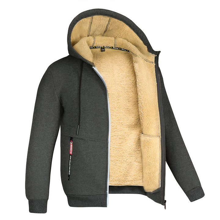 Man wearing a stylish, warm hooded zip-up jacket, perfect for winter outdoor comfort.