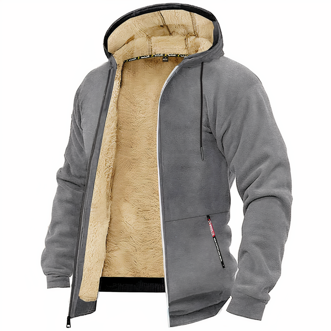 Men's comfortable hooded zip-up jacket, providing warmth and style for winter outerwear.