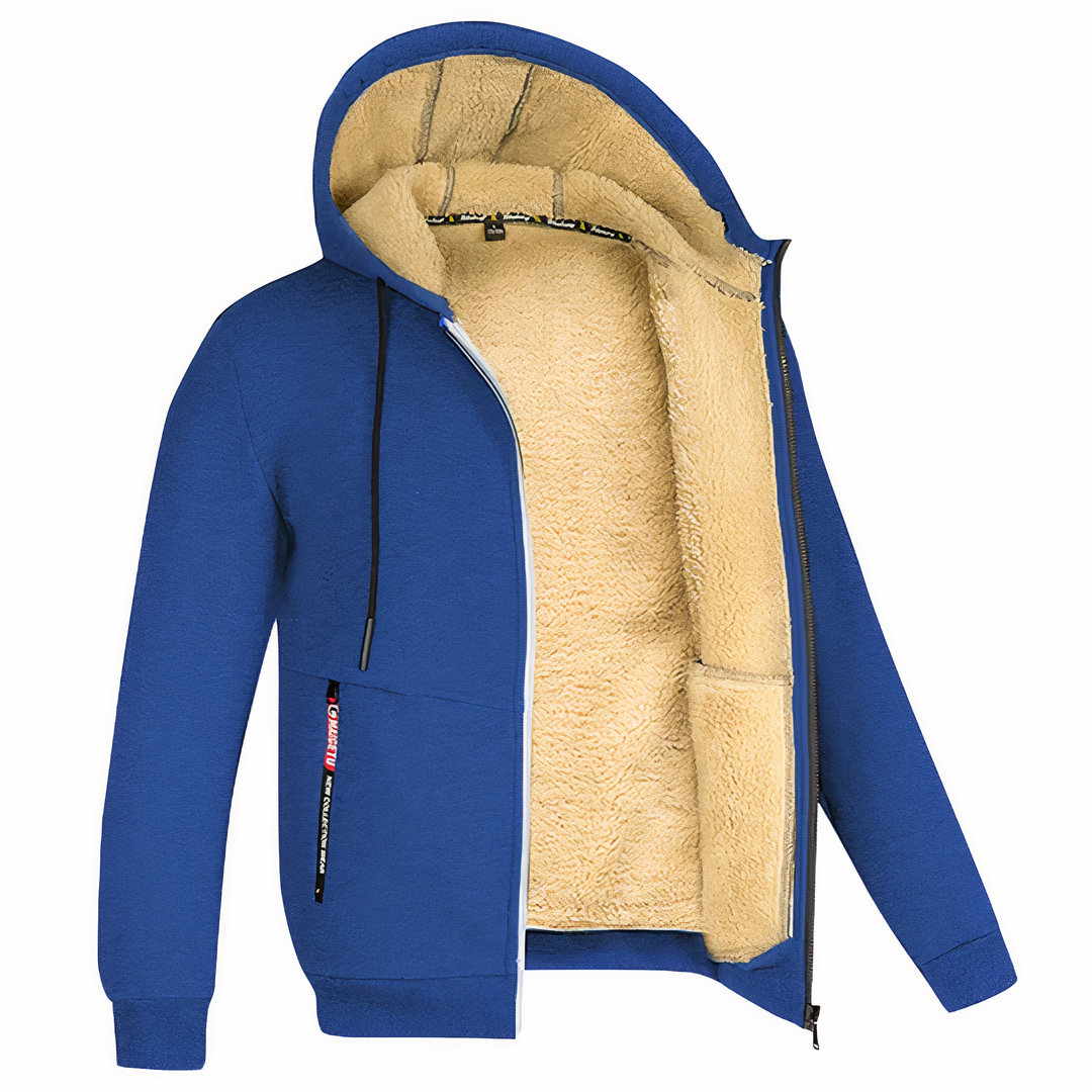 Cozy men's hooded jacket for comfortable winter wear, featuring a practical full zip.