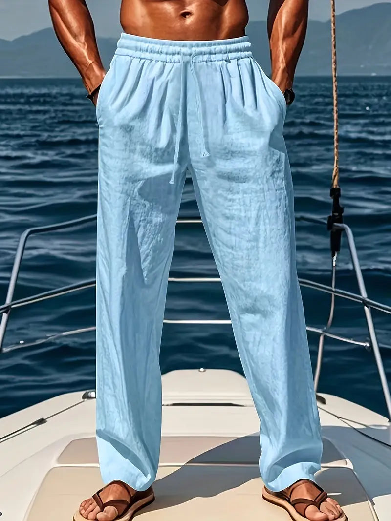 Khaki men's relaxed fit pants. Comfortable, loose-fit trousers for casual & everyday style.
