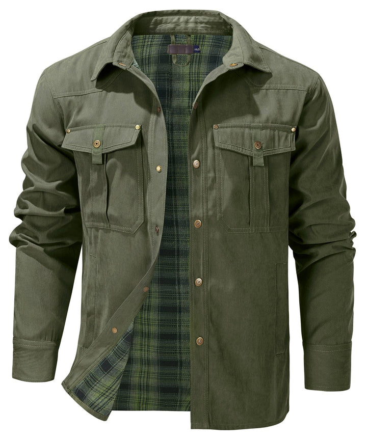Stylish men's insulated flannel jacket, versatile cold weather outerwear.