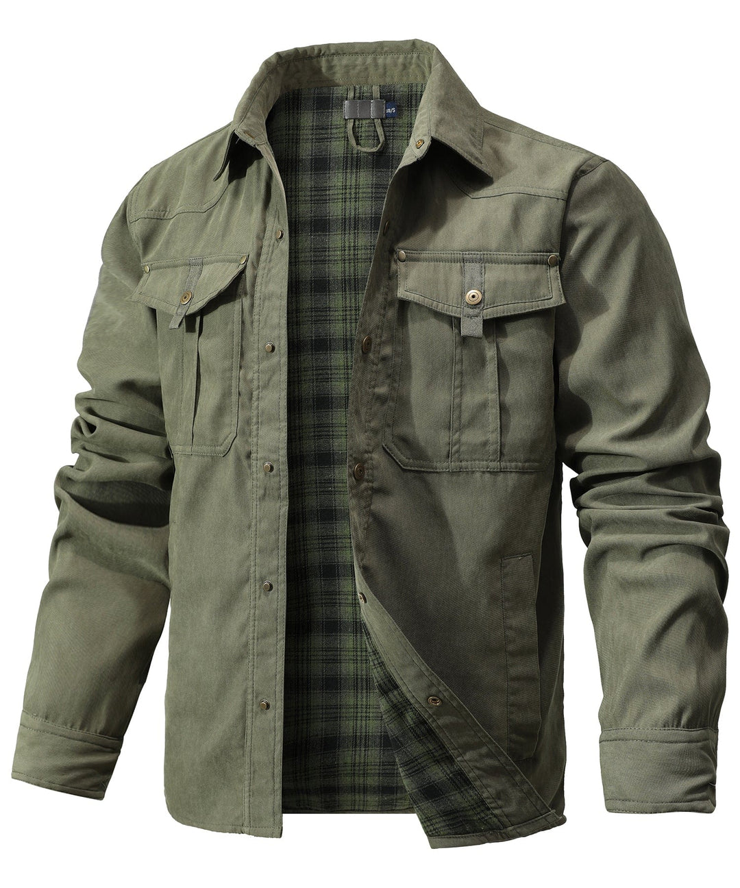 Close-up of durable flannel fabric on men's insulated jacket.