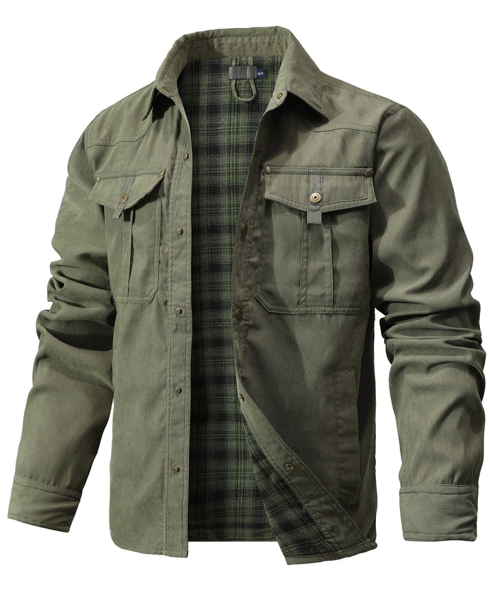 Close-up of durable flannel fabric on men's insulated jacket.
