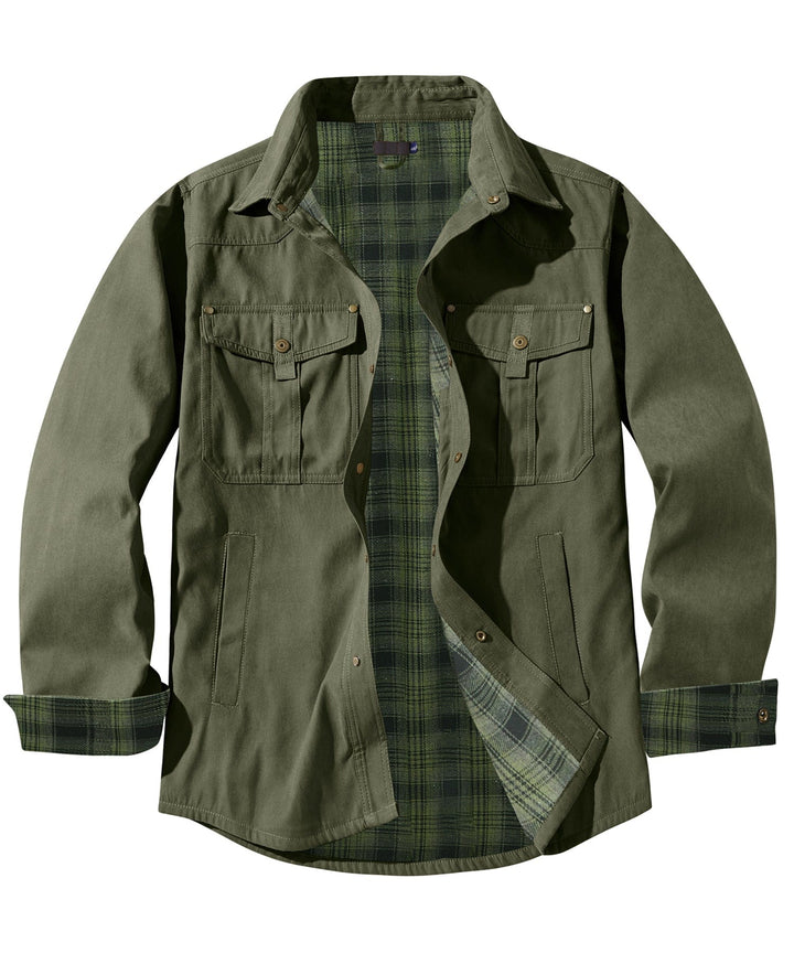 Men's durable insulated flannel jacket, essential cold weather apparel.