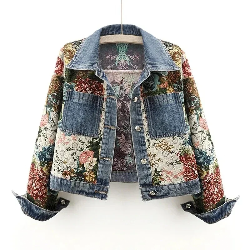 Versatile women's hand-painted floral denim jacket. A unique, stylish statement piece for any casual look.