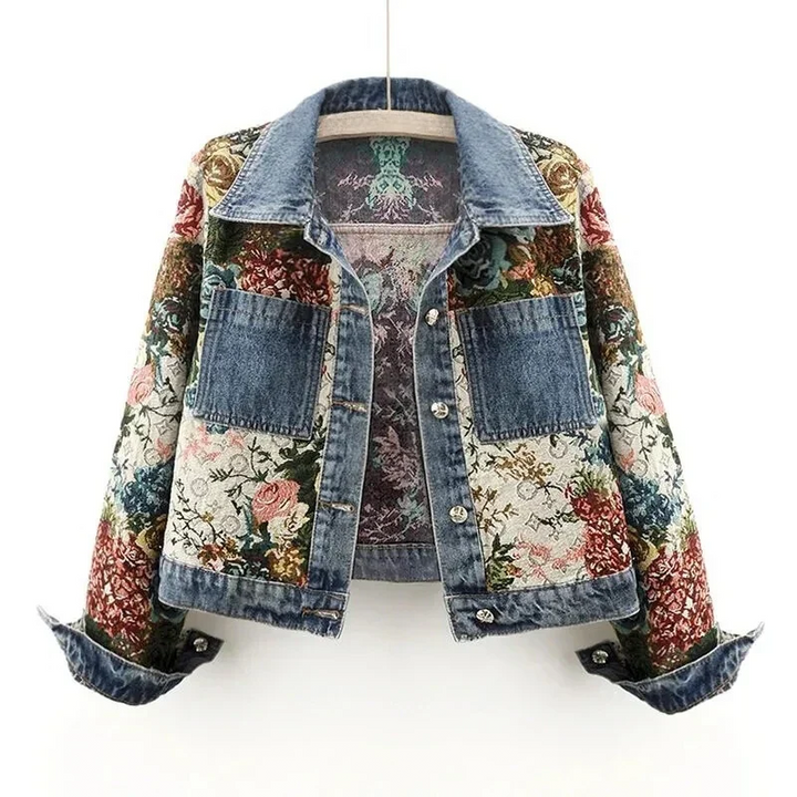 Versatile women's hand-painted floral denim jacket. A unique, stylish statement piece for any casual look.