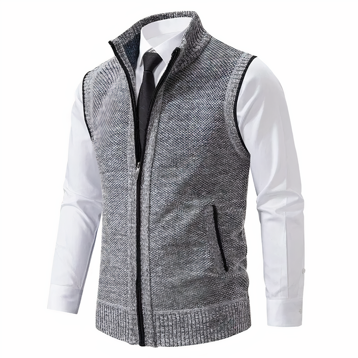 Modern men's zip-up vest, a stylish sleeveless jacket ideal for fall or spring outerwear & layering.