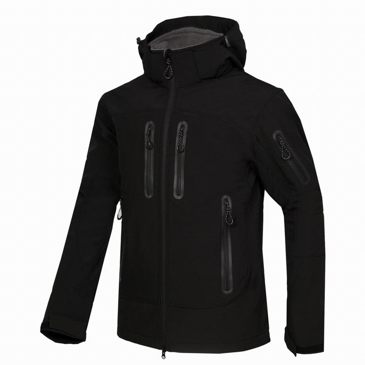 Durable men's full zip hooded outdoor jacket, functional adventure wear for hiking, travel & daily use.