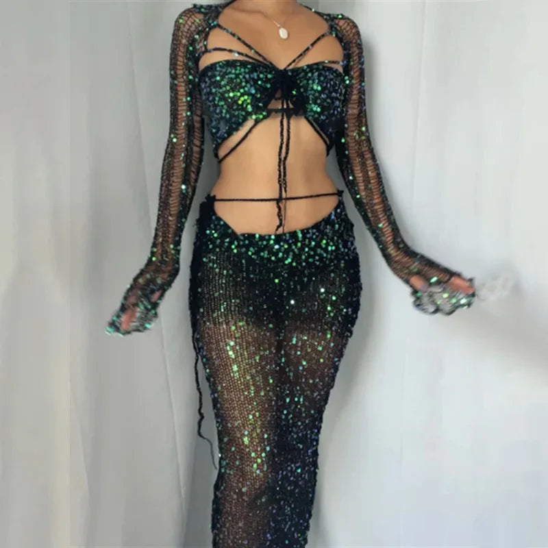 Make a statement with this dazzling sequin rock set for women, a glamorous two-piece trendy party wear outfit.