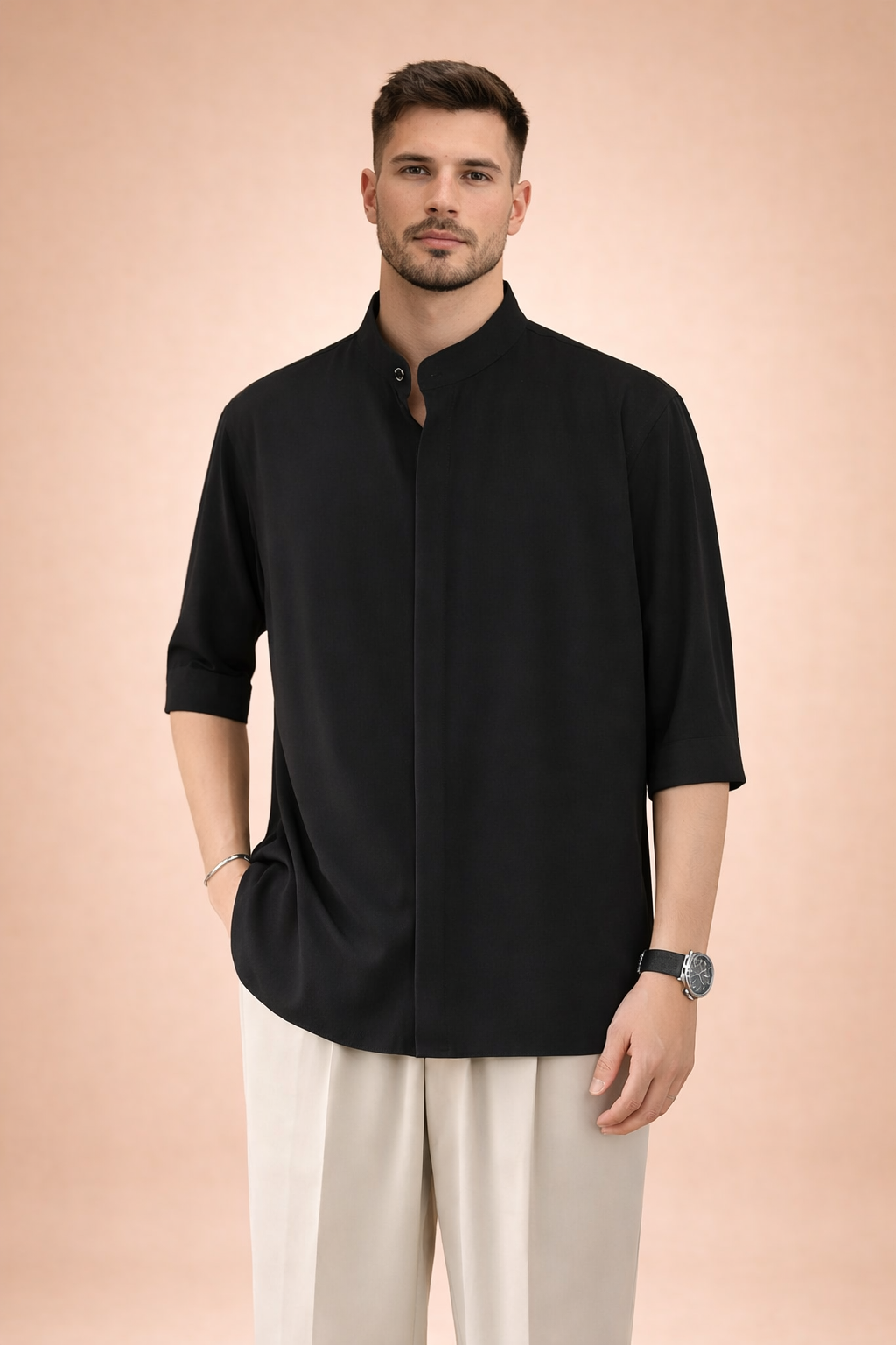 Men's stand-up collar half sleeve button-front shirt for smart casual occasions. Modern minimalist men's fashion.