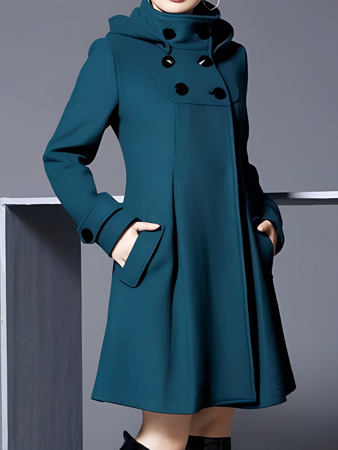 Chic women's funnel-neck winter coat. Stylish double-breasted A-line outerwear, perfect for elegant layering.