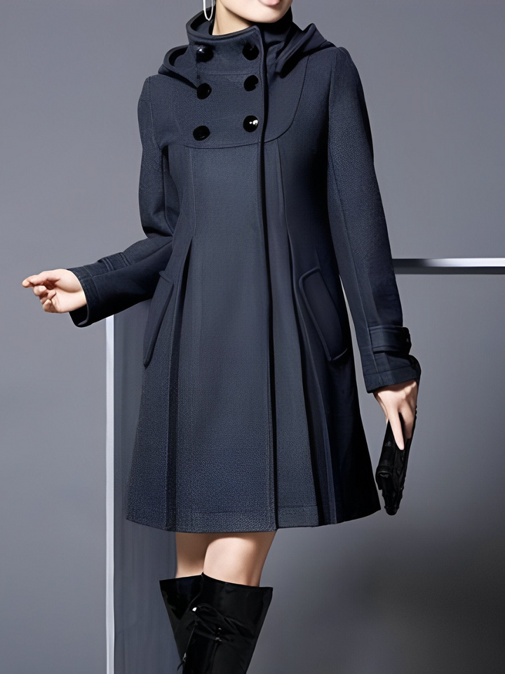 Stylish women's funnel-neck coat, perfect for fall and winter layering. Elegant A-line double-breasted outerwear.