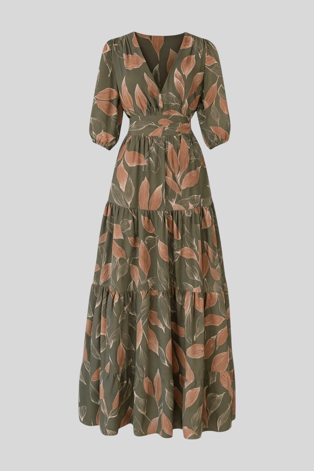 Feminine long sleeve printed maxi dress, V-neck, perfect for versatile spring/autumn fashion.