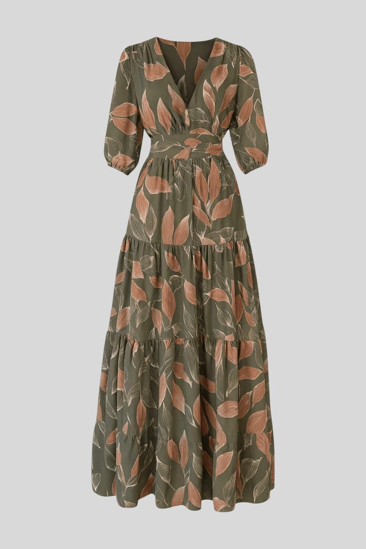 Feminine long sleeve printed maxi dress, V-neck, perfect for versatile spring/autumn fashion.