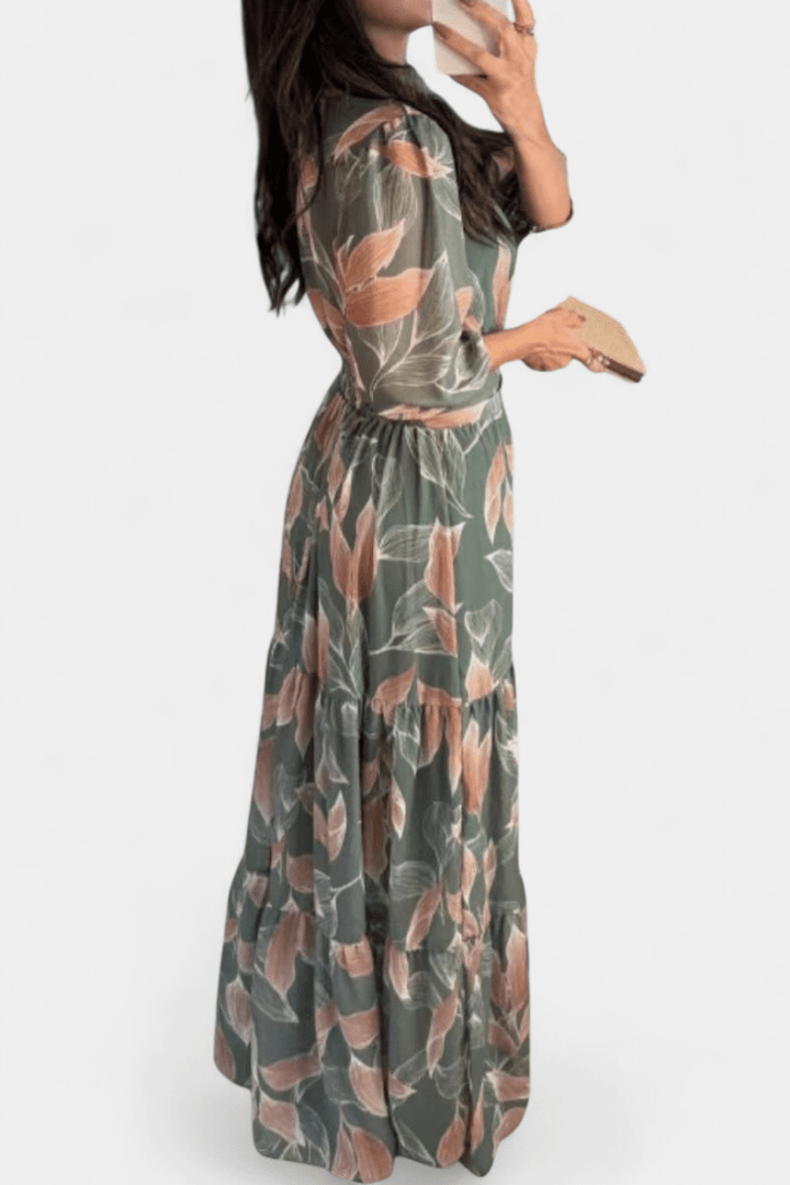 Women's comfortable V-neck printed maxi dress with long sleeves. Versatile for elegant casual wear.