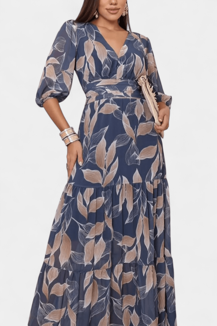 V-neck long sleeve women's maxi dress with a beautiful print. Flowing, comfortable, and versatile.