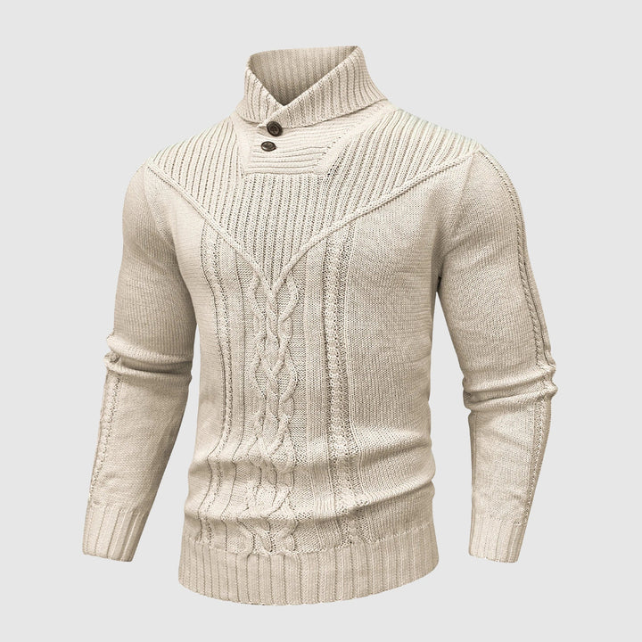 Sophisticated men's cable knit sweater with a timeless shawl collar design for winter.