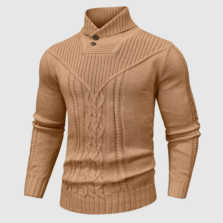 Button-up men's cable knit shawl collar jumper, a warm essential for men's fashion.