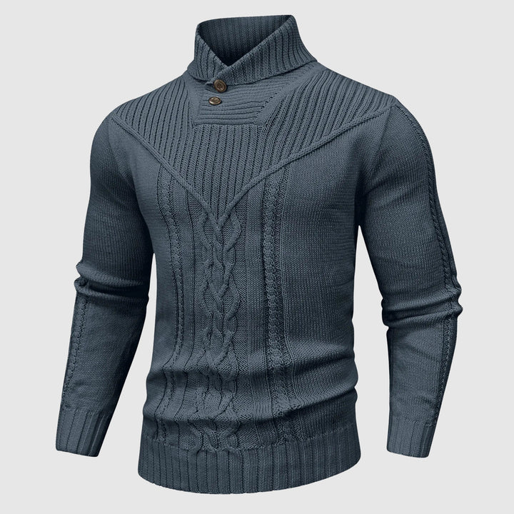 Men's cable knit jumper with a stylish button-up shawl collar for sophisticated casual wear.