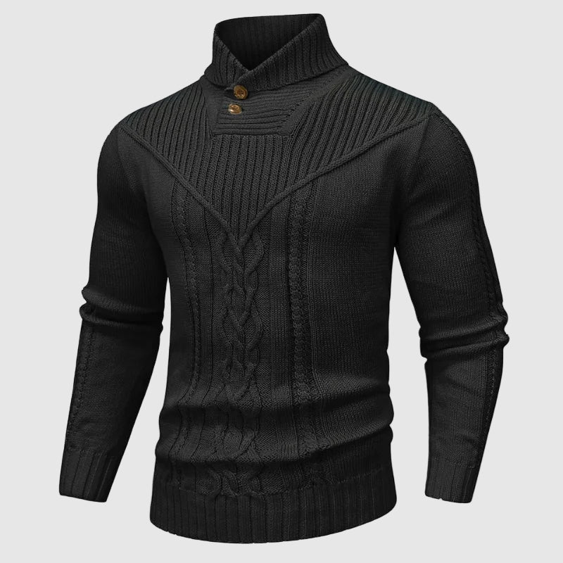 Classic men's cable knit winter jumper, featuring a comfortable shawl collar for chilly days.