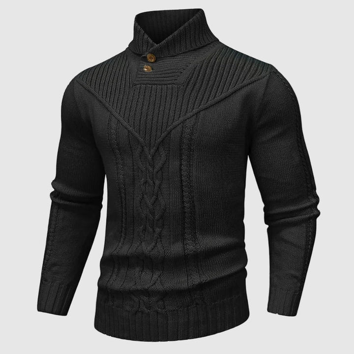 Classic men's cable knit winter jumper, featuring a comfortable shawl collar for chilly days.