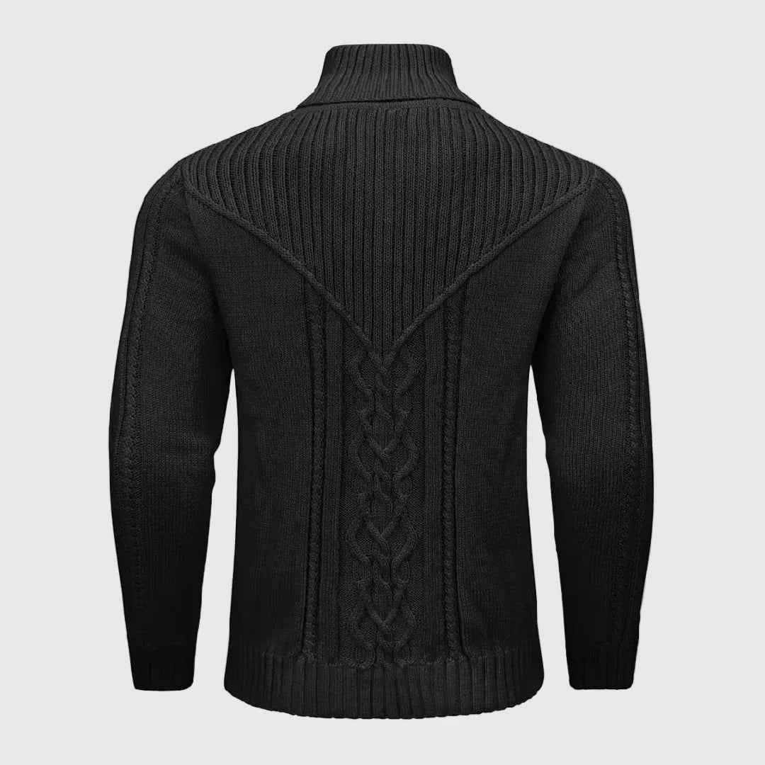 Stylish men's cable knit sweater with a comfy shawl collar, great for layering and warmth.