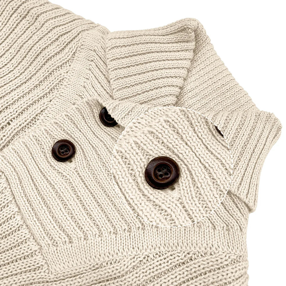 Warm men's cable knit winter sweater with a cozy shawl collar, ideal for casual everyday wear.