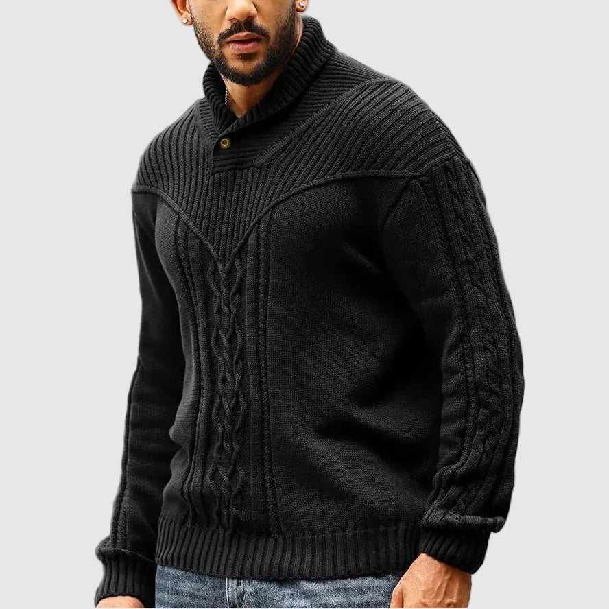 Elegant men's cable knit jumper, featuring a distinguished button-up shawl collar detail.