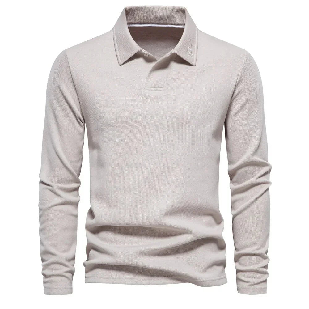 Versatile men's long-sleeve knit polo sweater, ideal for smart casual looks and comfortable everyday style.