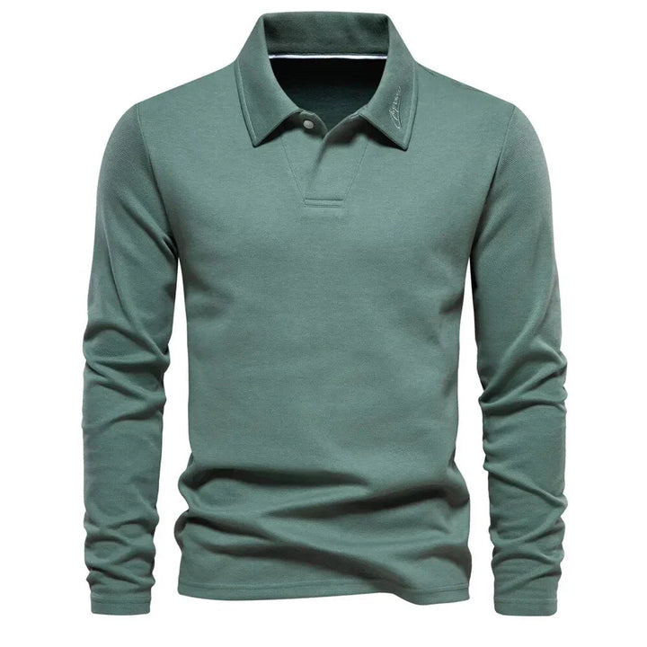 Stylish men's polo knit sweater with long sleeves, offering timeless comfort for everyday apparel.
